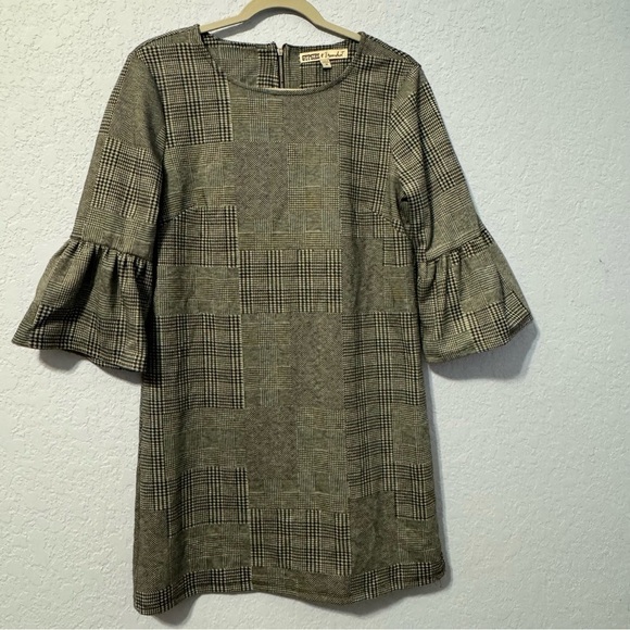 Gypsies & Moondust Anthropologie Gray Plaid Patchwork Bell Sleeves Mini Dress - Picture 1 of 7
